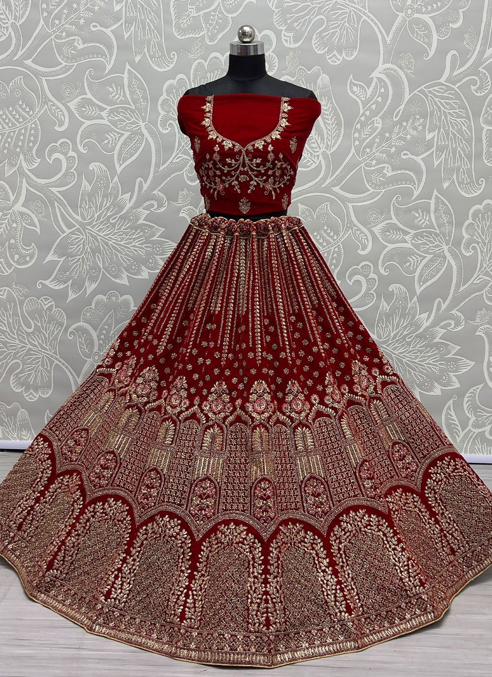 A Line Lehenga Velvet Red Dori Work Lehenga Choli