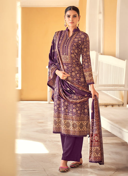 Palazzo Salwar Suit Velvet Purple Digital Print Salwar Kameez