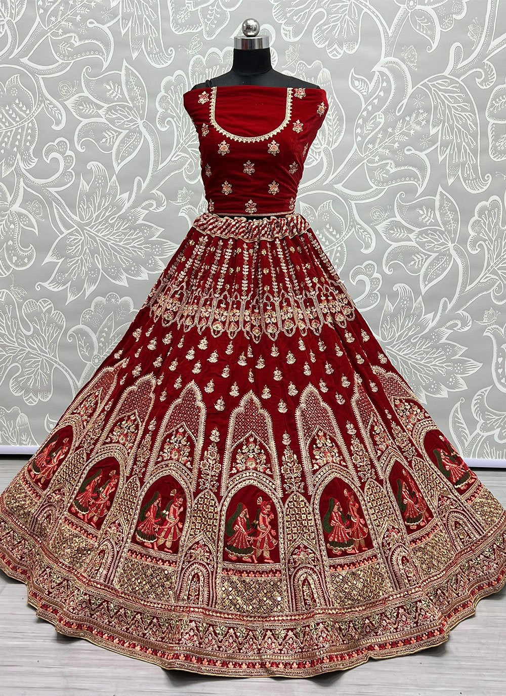 Lehenga Choli Velvet Red Diamond Lehenga Choli