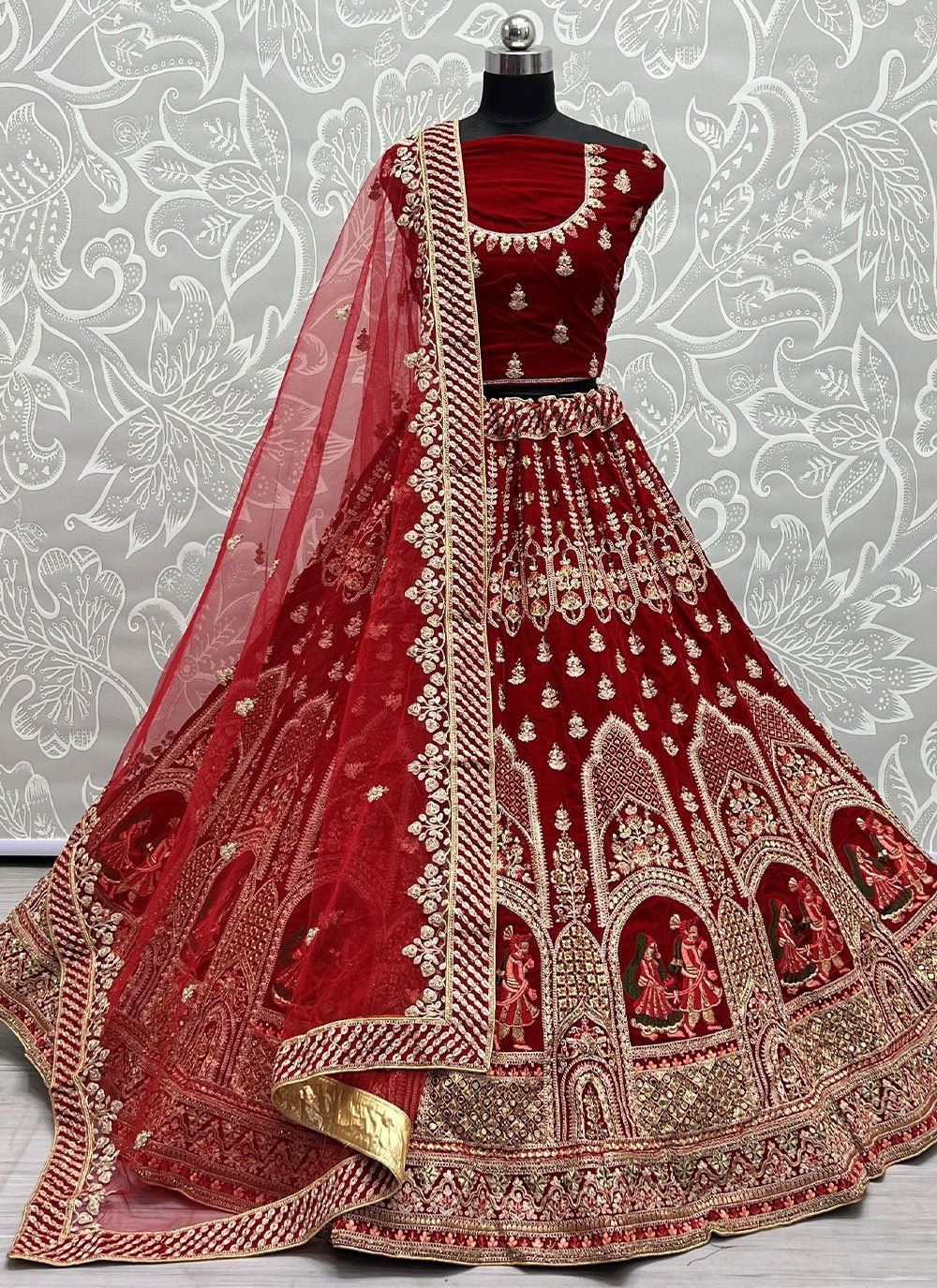 Lehenga Choli Velvet Red Diamond Lehenga Choli