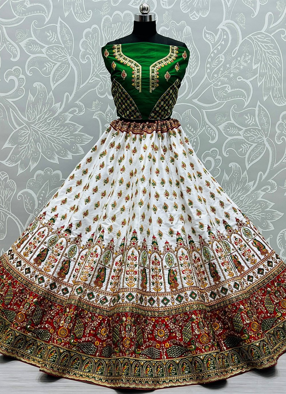 A Line Lehenga Silk Velvet White Dori Work Lehenga Choli