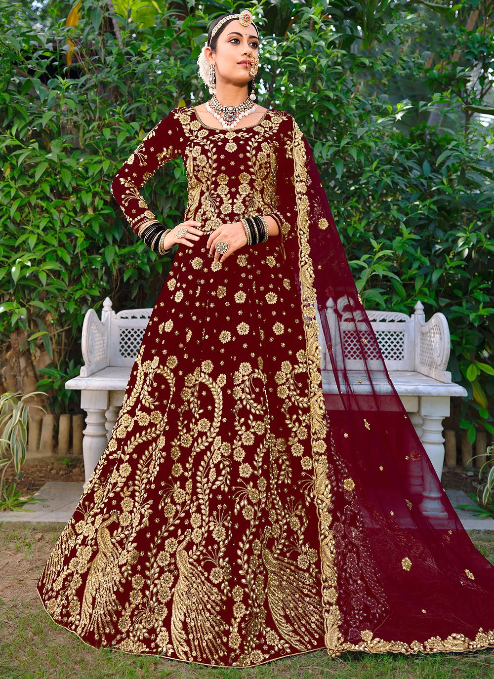 Lehenga Choli Velvet Wine Dori Work Lehenga Choli