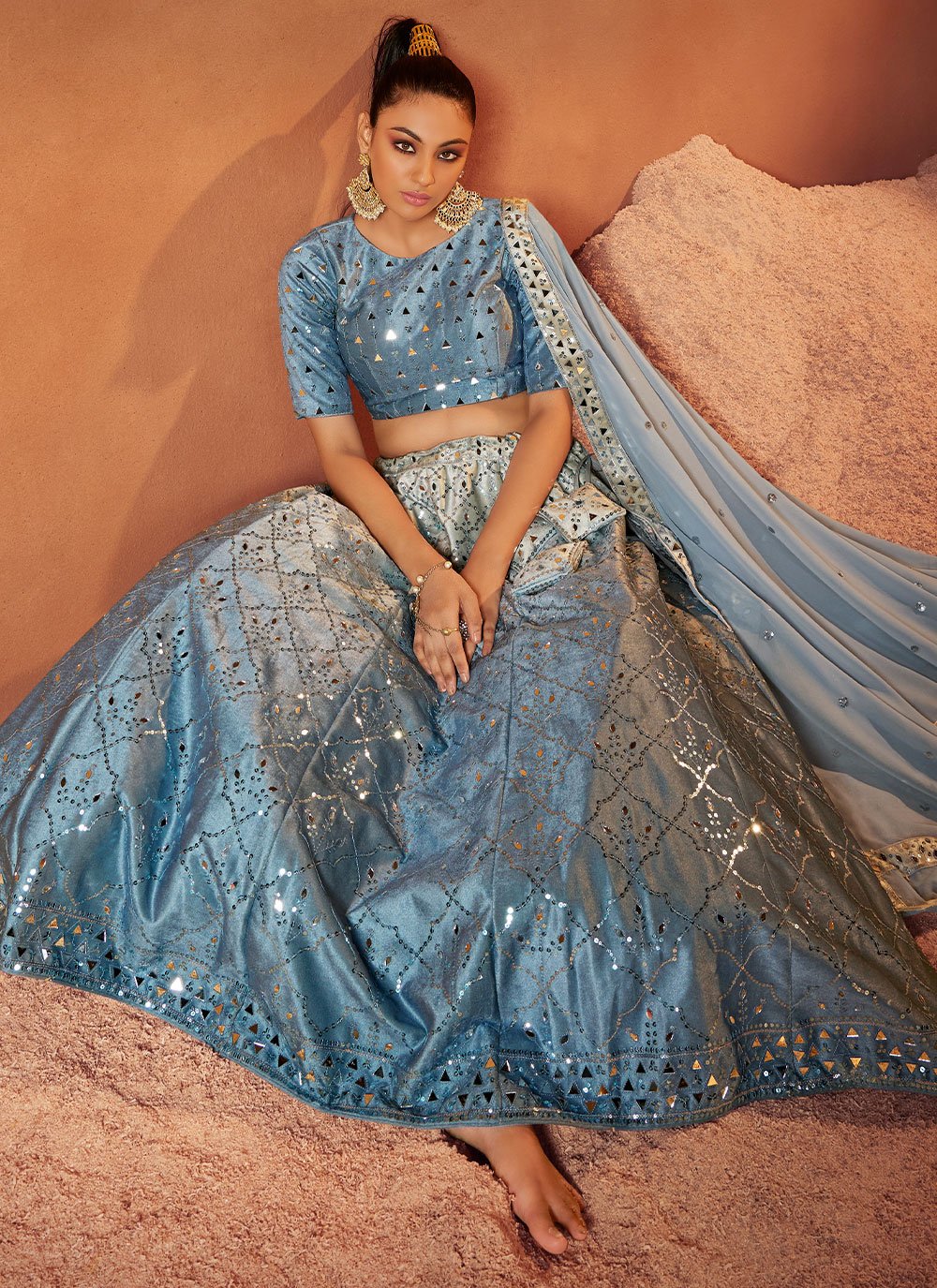 A Line Lehenga Velvet Aqua Blue Embroidered Lehenga Choli