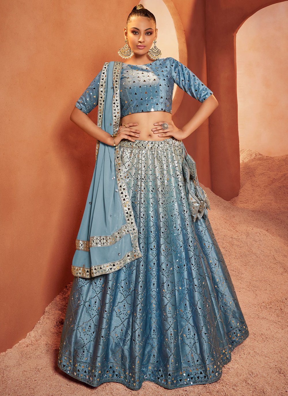 A Line Lehenga Velvet Aqua Blue Embroidered Lehenga Choli