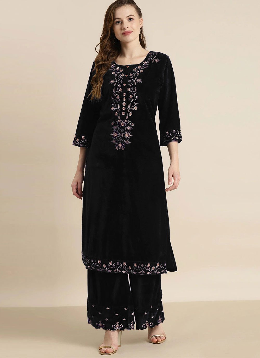 Designer Kurti Velvet Black Embroidered Kurtis