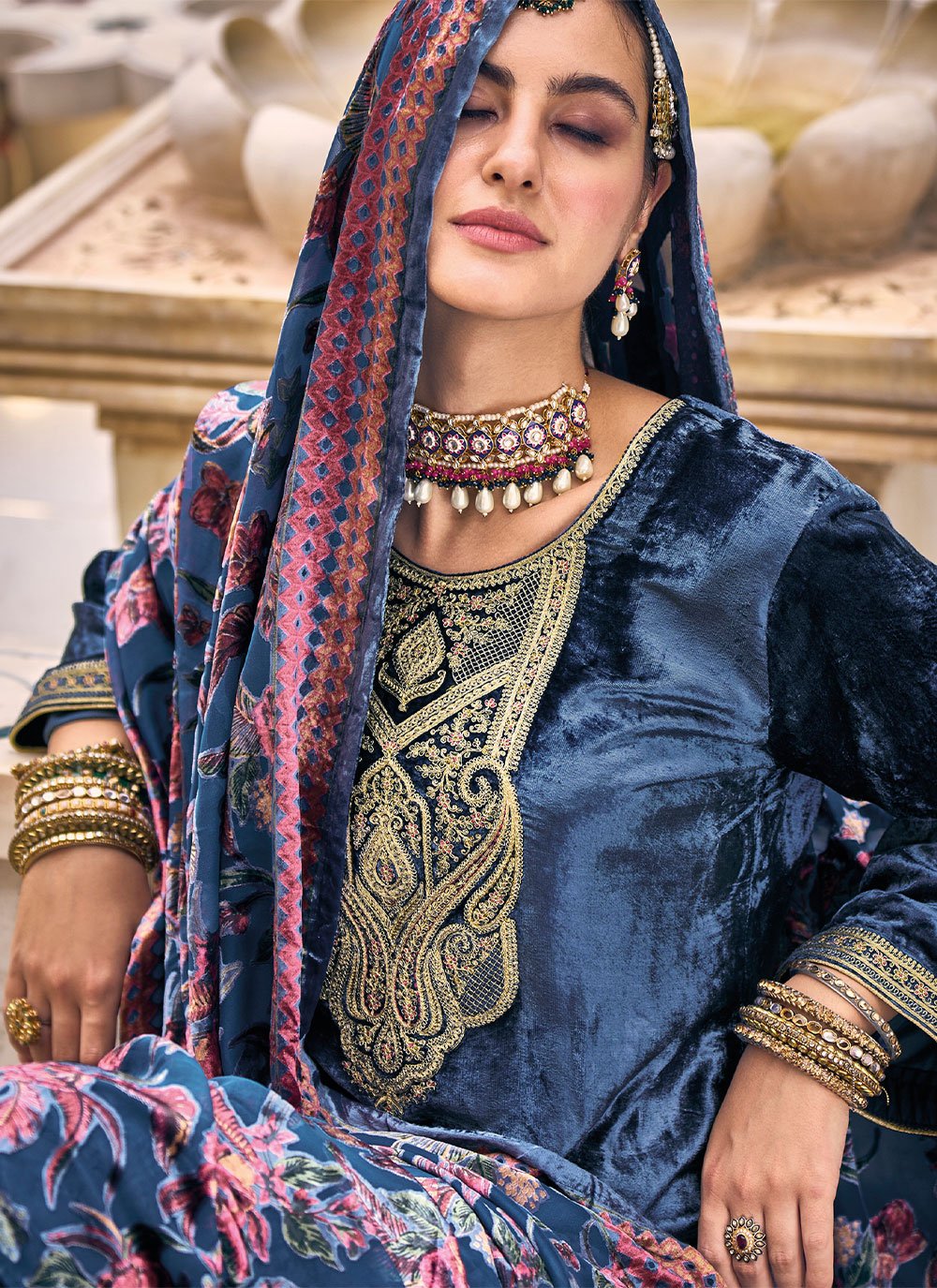 Trendy Suit Velvet Blue Embroidered Salwar Kameez