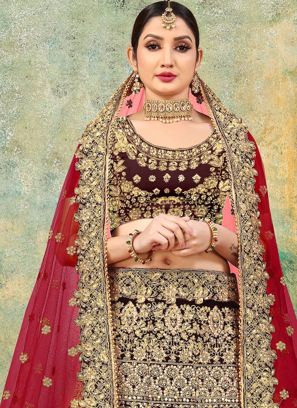 A Line Lehenga Velvet Brown Embroidered Lehenga Choli