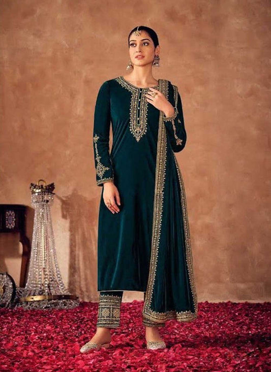 Pakistani Salwar Suit Velvet Rama Embroidered Salwar Kameez