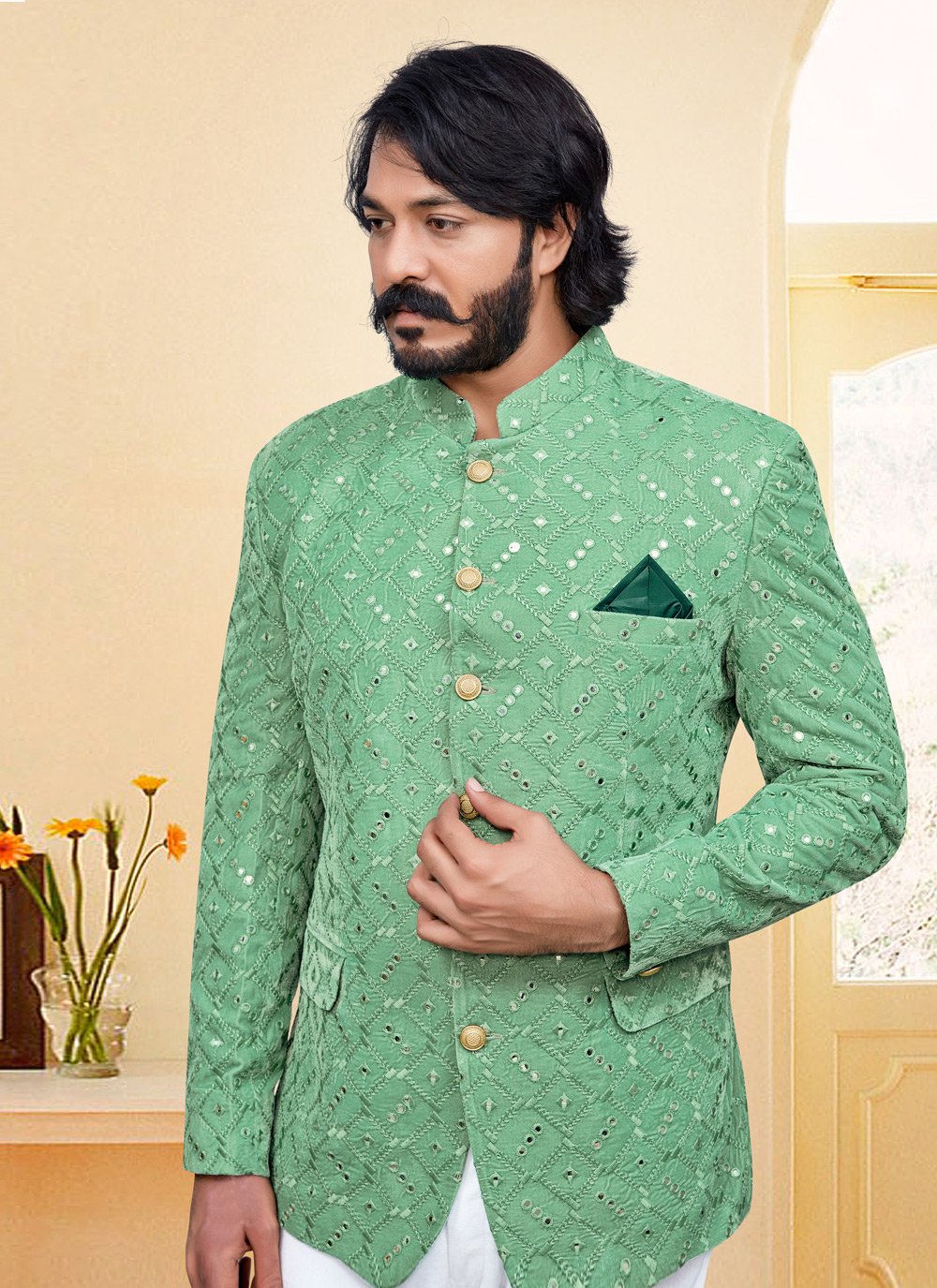 Jodhpuri Suit Velvet Green Embroidered Mens