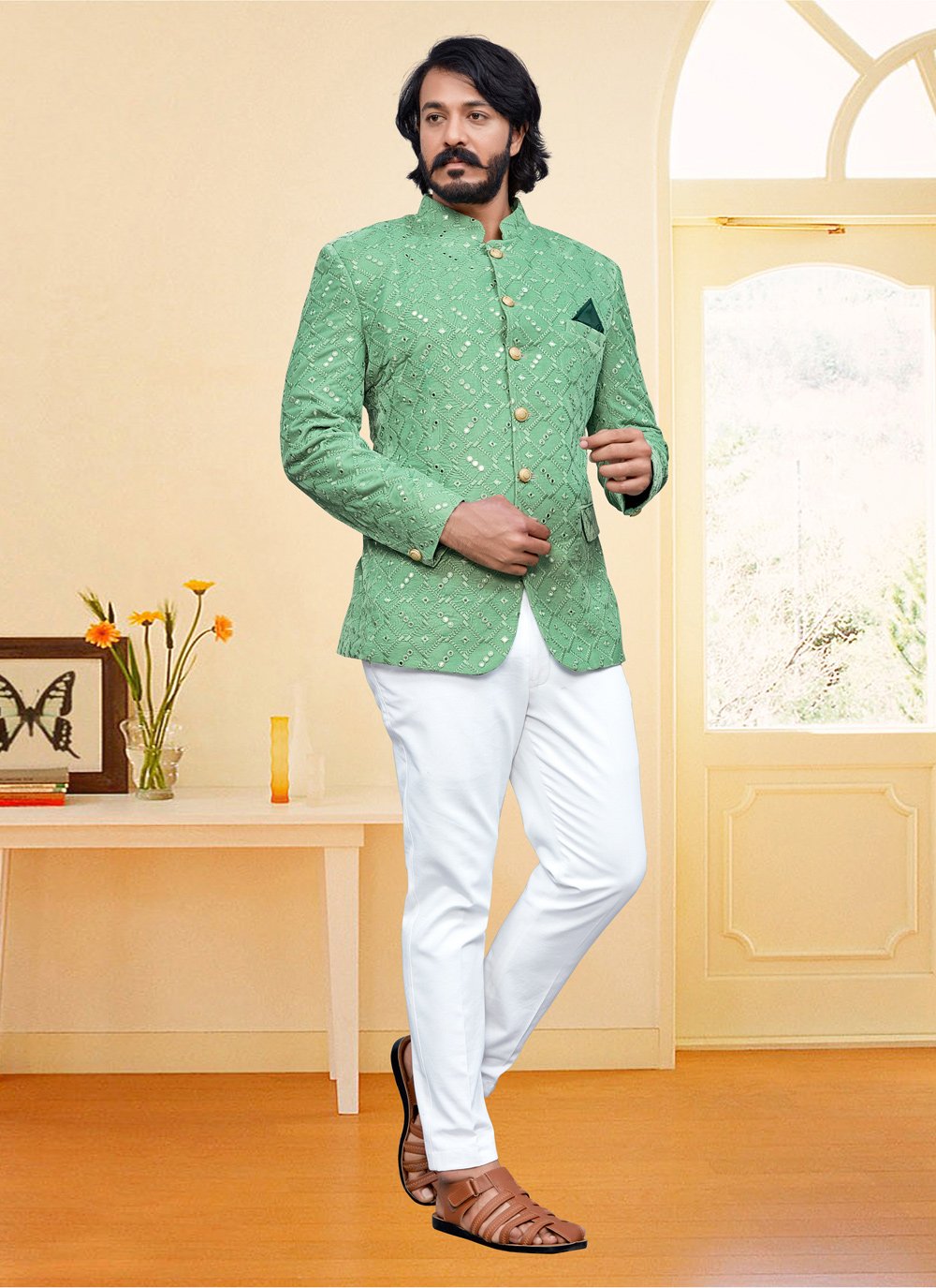 Jodhpuri Suit Velvet Green Embroidered Mens