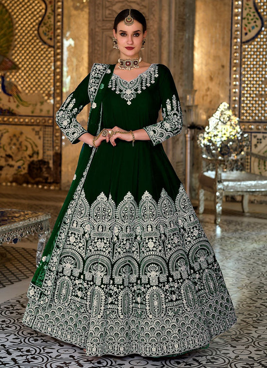 Floor Lenght Salwar Suit Velvet Green Embroidered Salwar Kameez