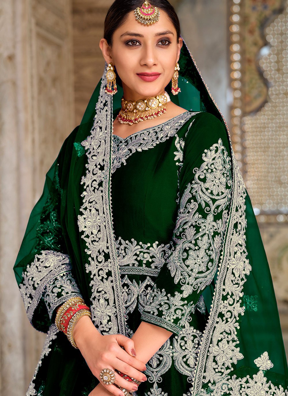 Lehenga Choli Velvet Green Embroidered Lehenga Choli