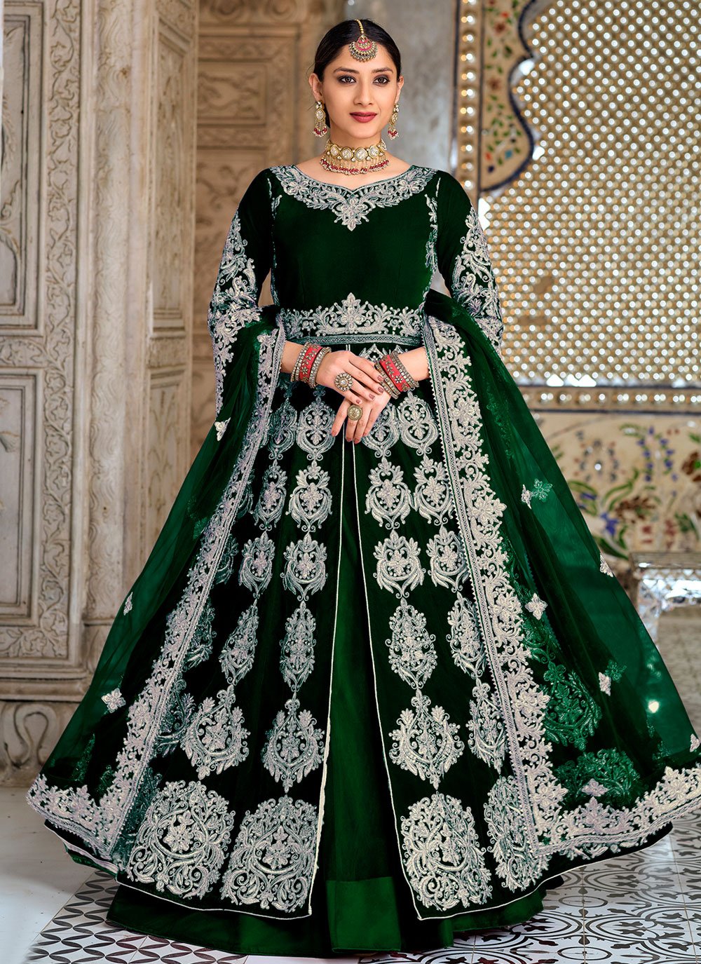 Lehenga Choli Velvet Green Embroidered Lehenga Choli