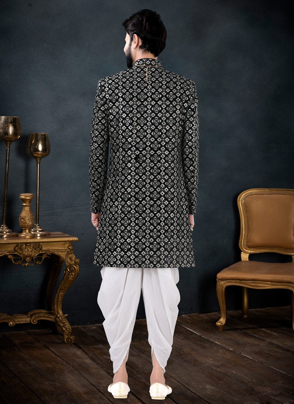 Indo Western Sherwani Velvet Black Embroidered Mens