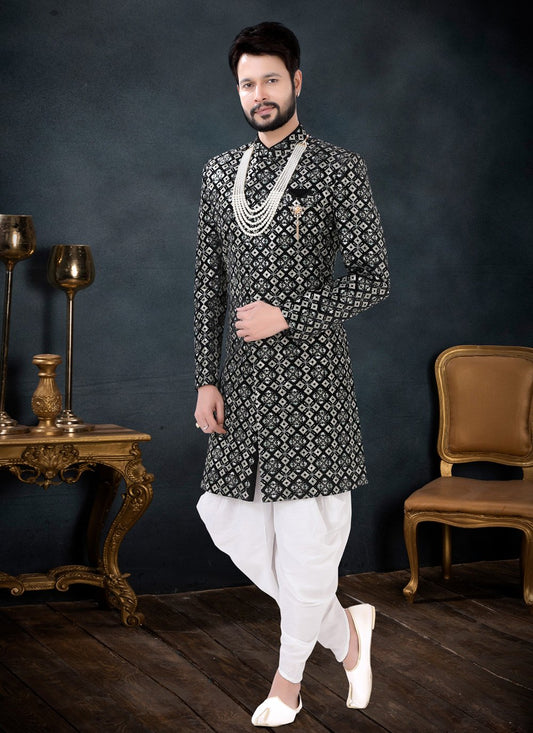 Indo Western Sherwani Velvet Black Embroidered Mens