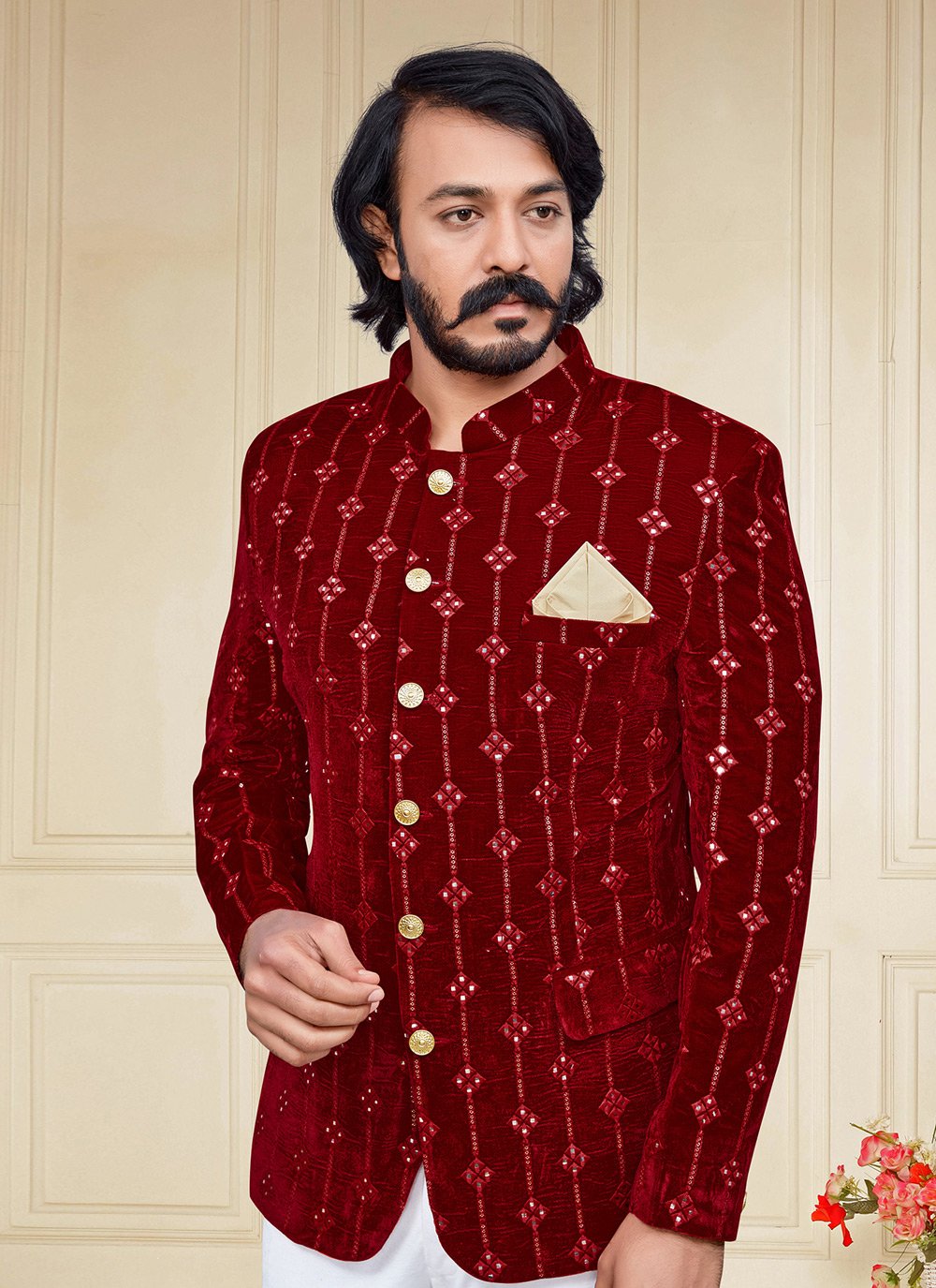 Jodhpuri Suit Velvet Maroon Embroidered Mens