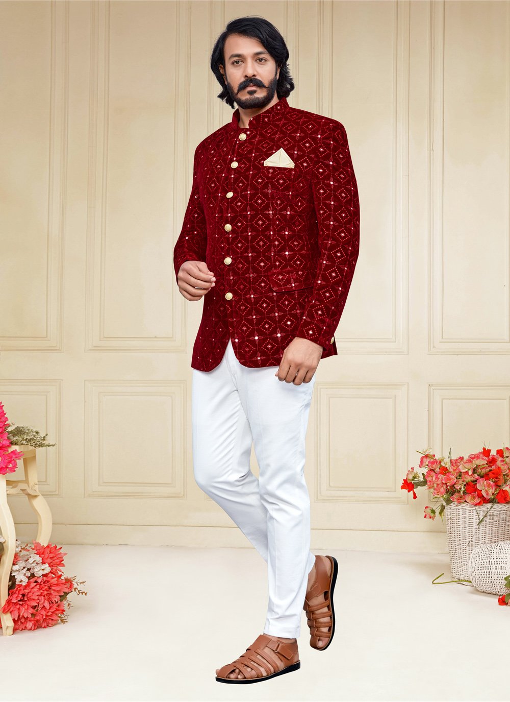 Jodhpuri Suit Velvet Maroon Embroidered Mens
