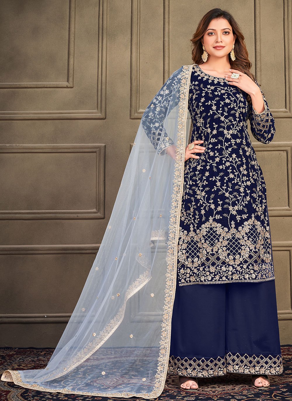 Palazzo Salwar Suit Velvet Blue Embroidered Salwar Kameez