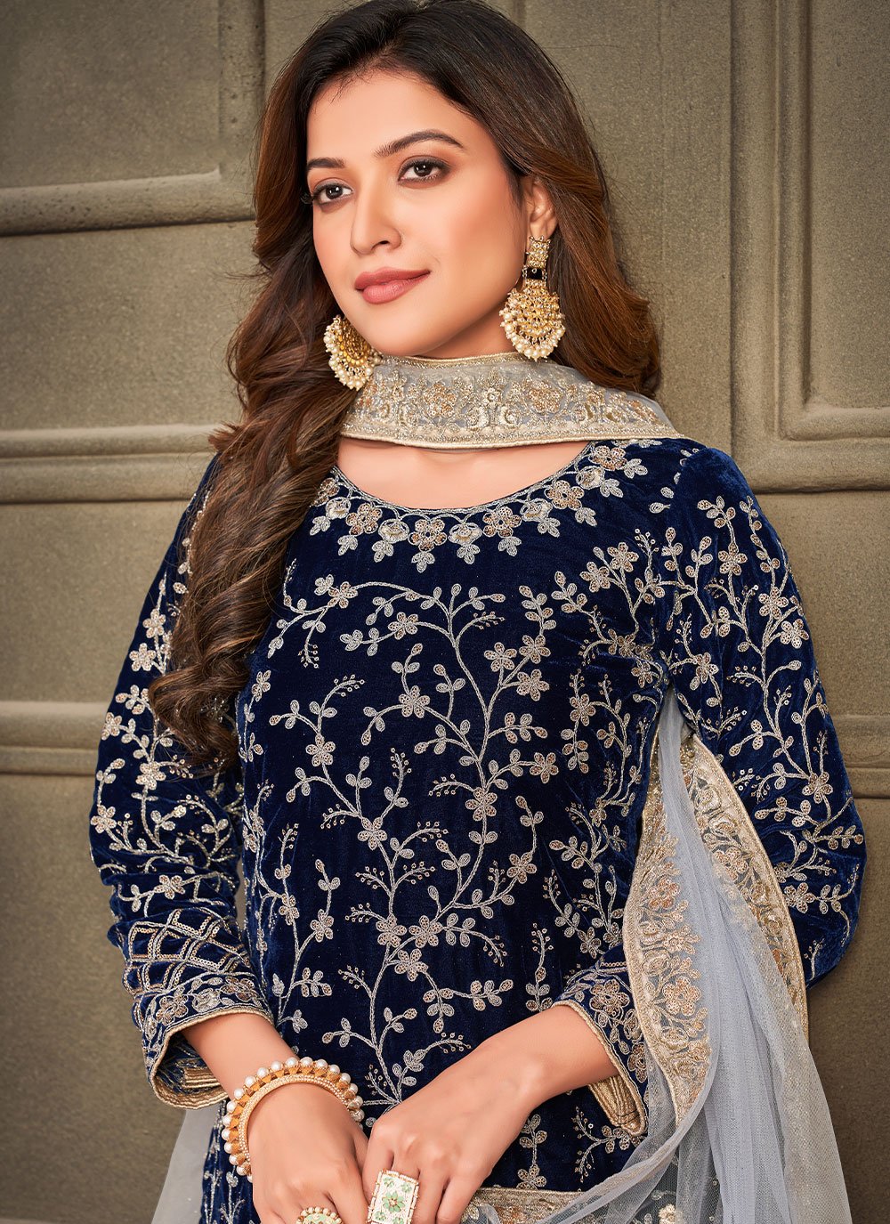 Palazzo Salwar Suit Velvet Blue Embroidered Salwar Kameez