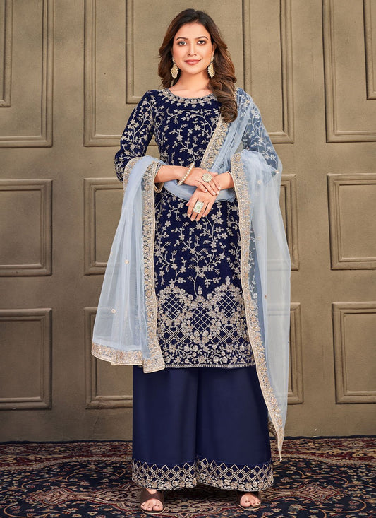 Palazzo Salwar Suit Velvet Blue Embroidered Salwar Kameez