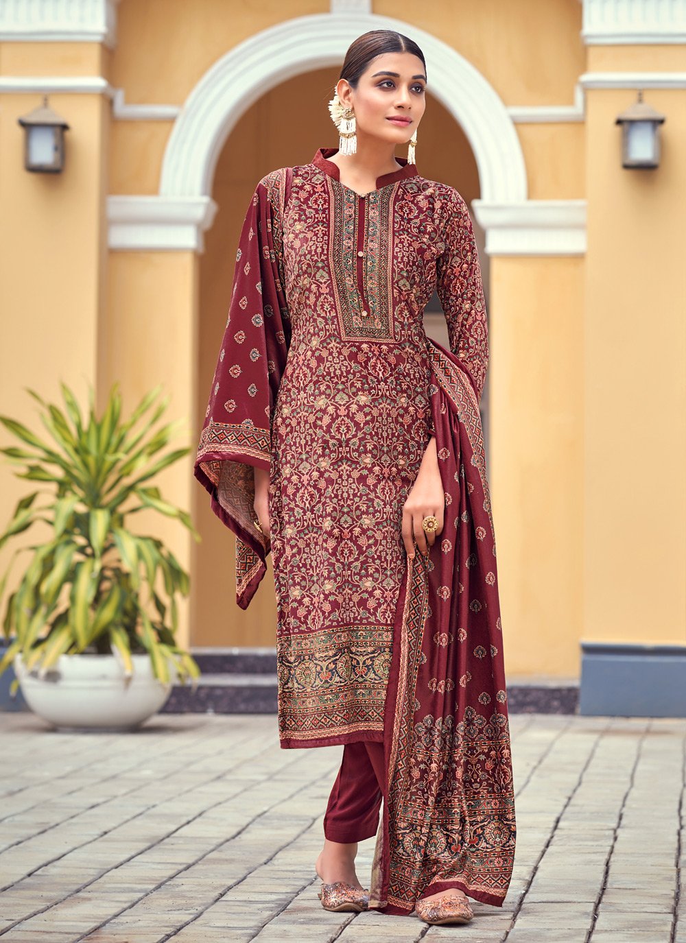Pant Style Suit Velvet Maroon Digital Print Salwar Kameez