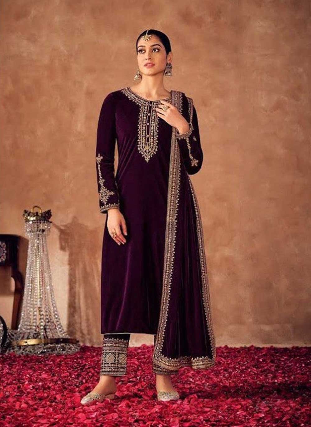 Pakistani Salwar Suit Velvet Purple Embroidered Salwar Kameez