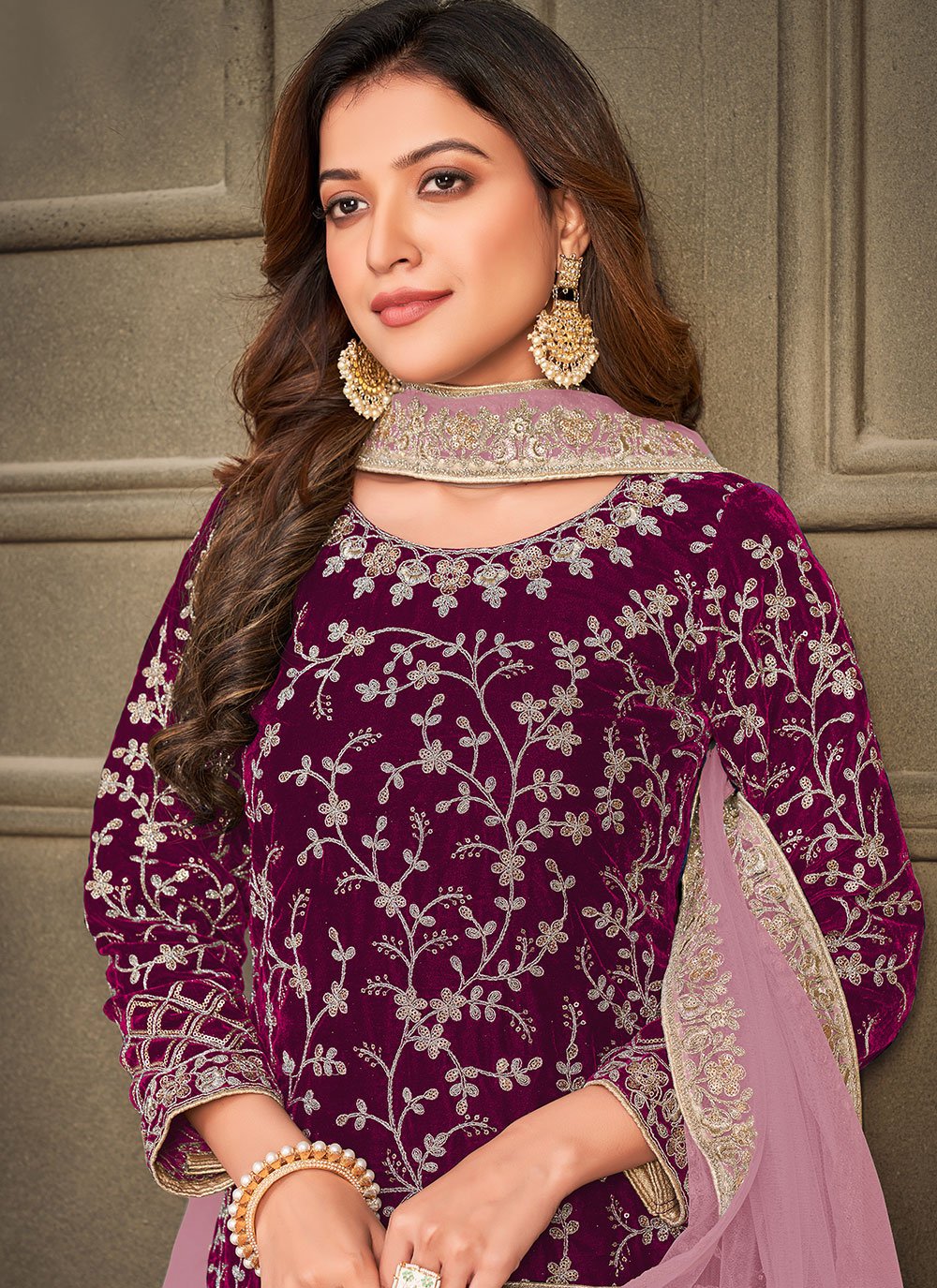 Salwar Suit Velvet Purple Embroidered Salwar Kameez