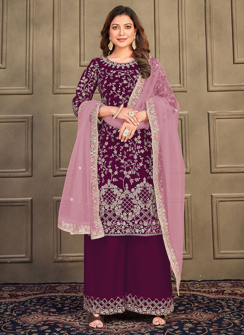 Salwar Suit Velvet Purple Embroidered Salwar Kameez