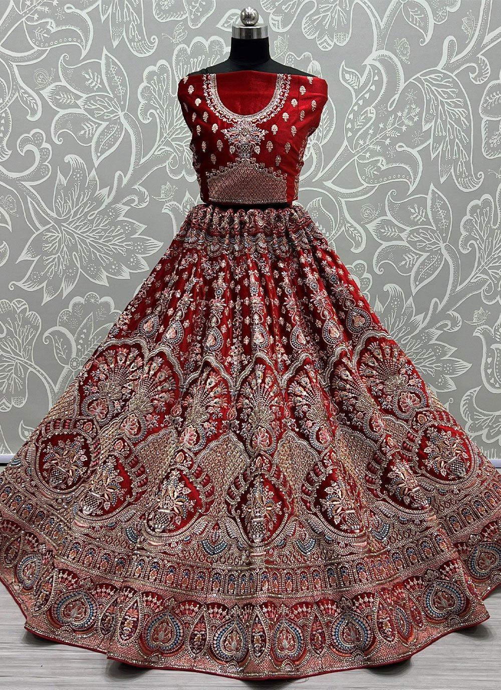 Lehenga Choli Velvet Red Embroidered Lehenga Choli