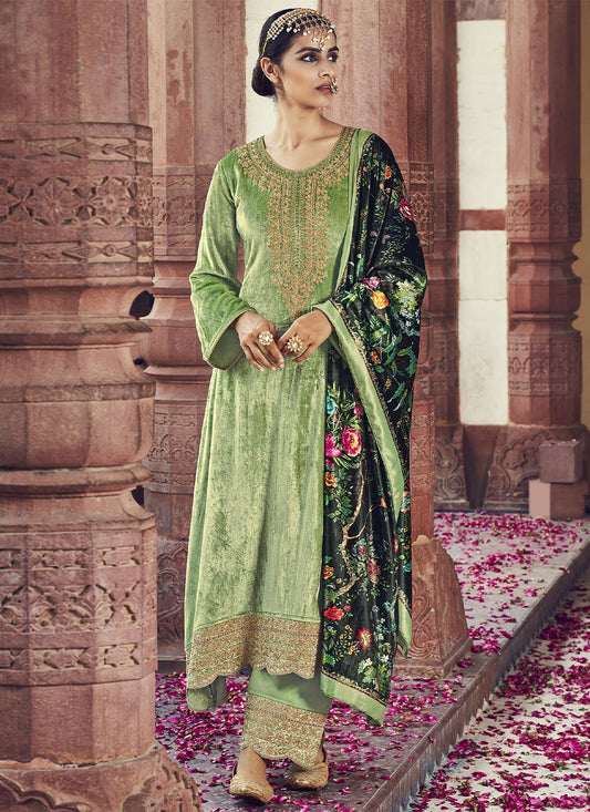 Straight Salwar Suit Velvet Green Embroidered Salwar Kameez