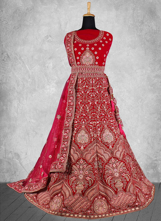 A Line Lehenga Velvet Red Embroidered Lehenga Choli