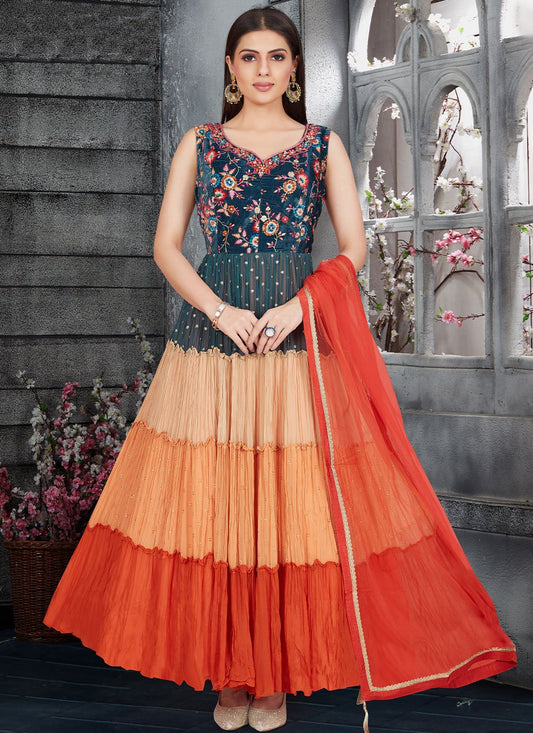 Gown Georgette Velvet Multi Colour Embroidered Gown