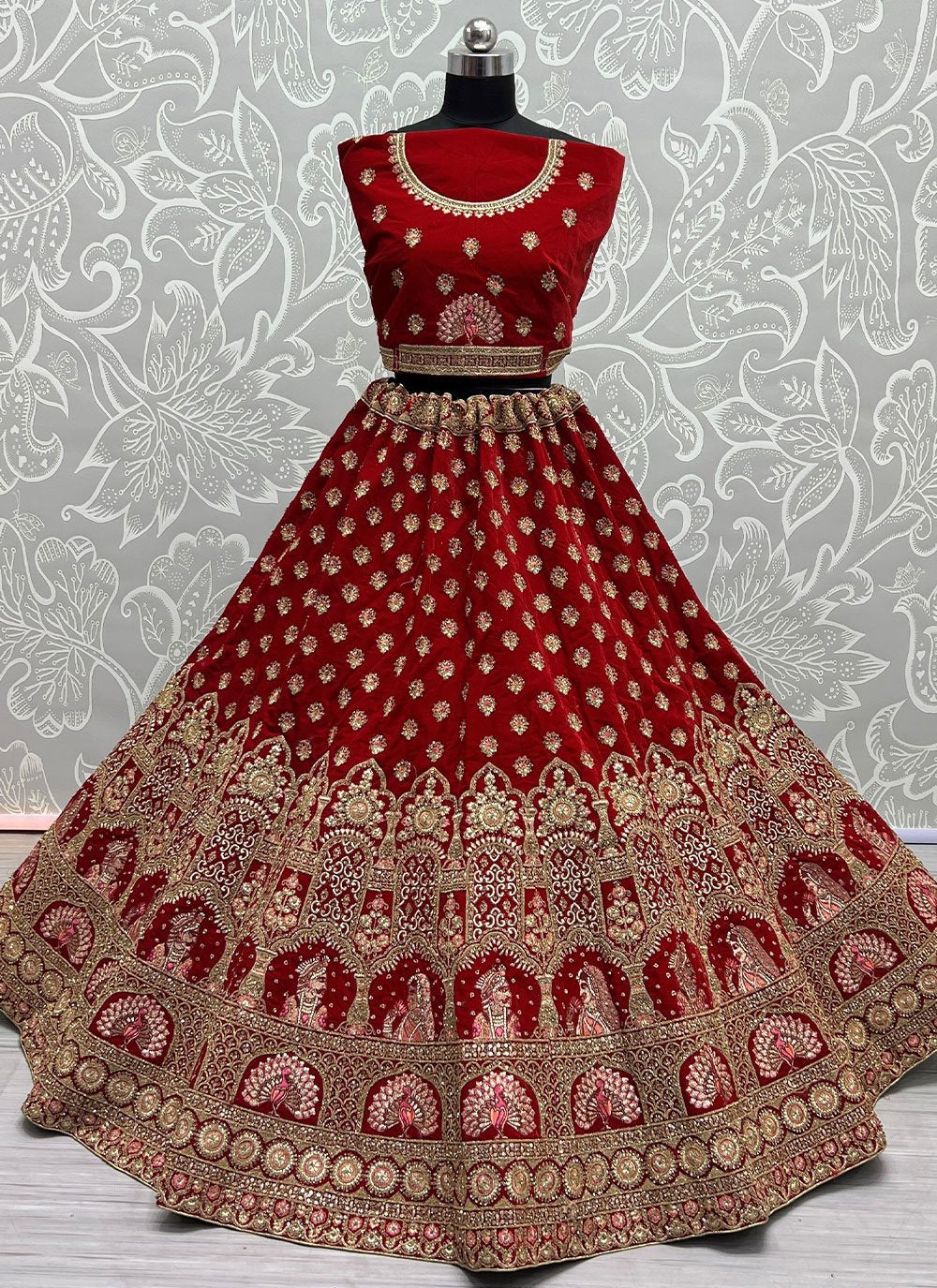 Lehenga Choli Velvet Red Diamond Lehenga Choli