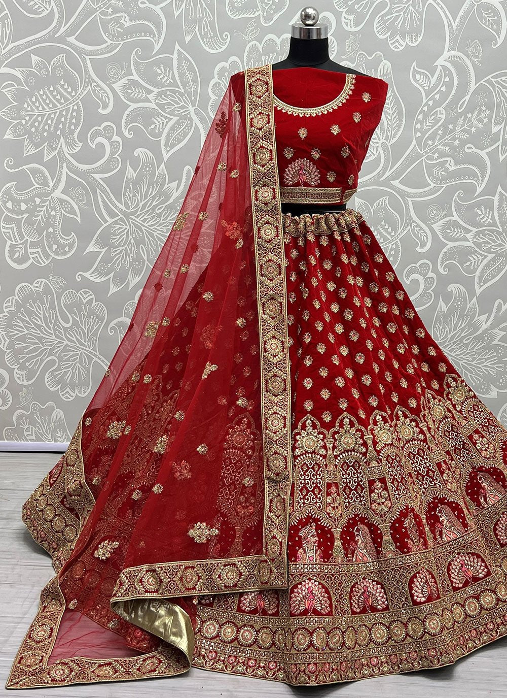 Lehenga Choli Velvet Red Diamond Lehenga Choli