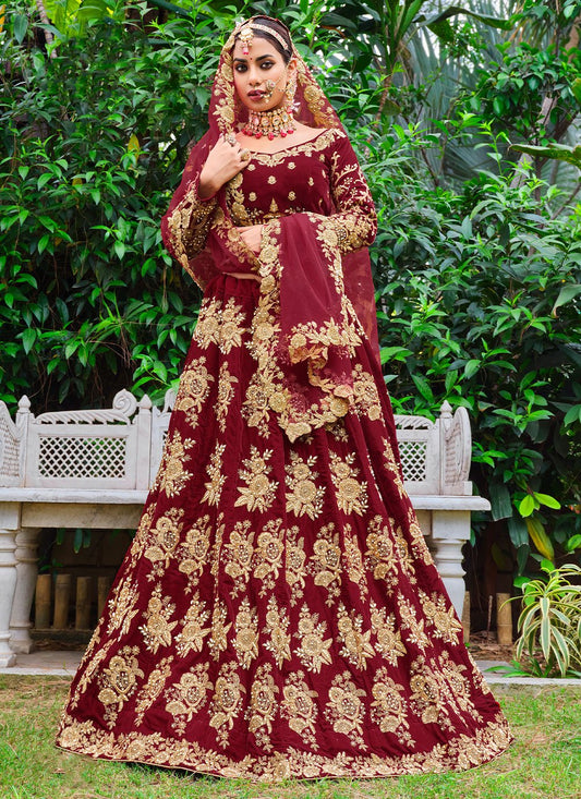 A Line Lehenga Velvet Maroon Dori Work Lehenga Choli