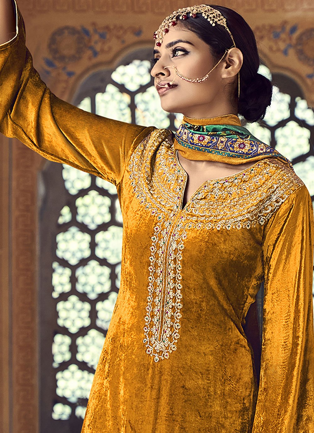 Salwar Suit Velvet Gold Embroidered Salwar Kameez