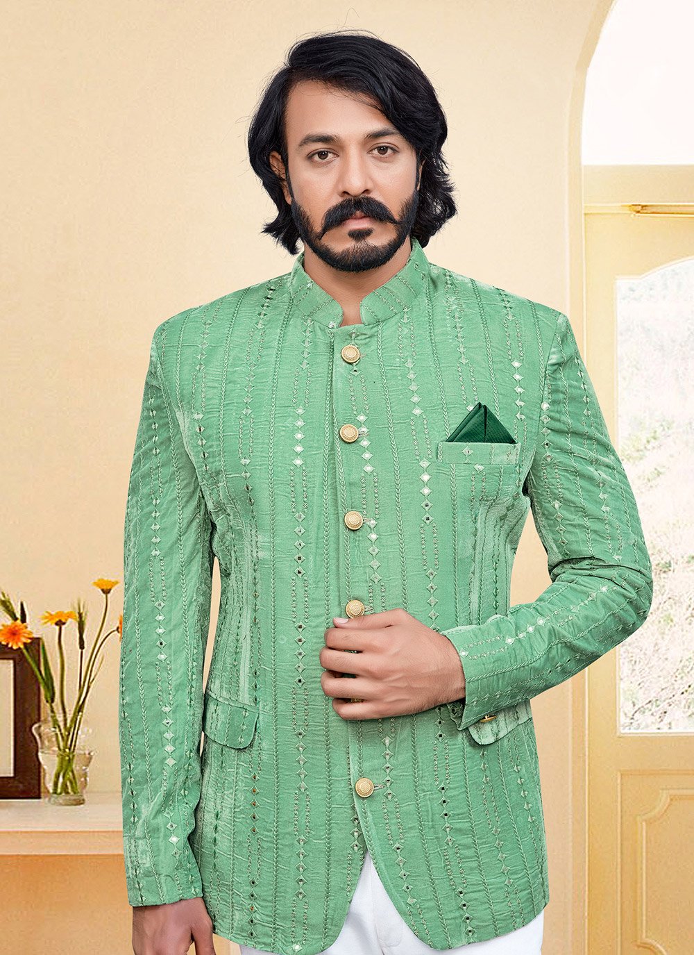 Jodhpuri Suit Velvet Green Embroidered Mens