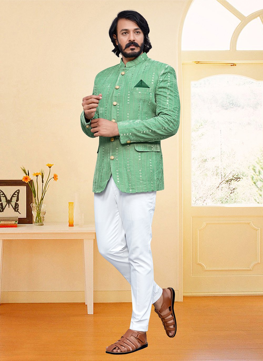 Jodhpuri Suit Velvet Green Embroidered Mens