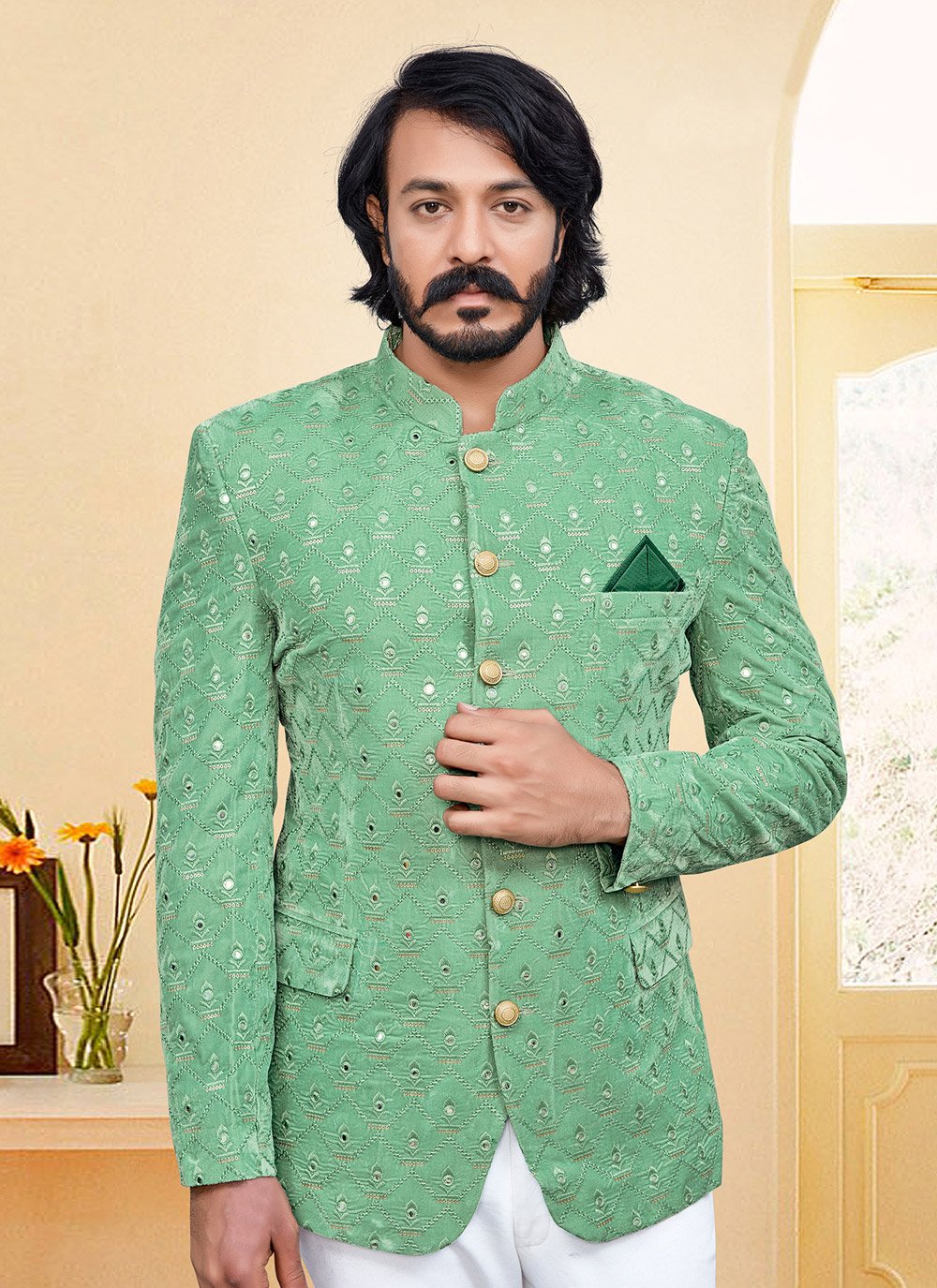 Jodhpuri Suit Velvet Green Embroidered Mens