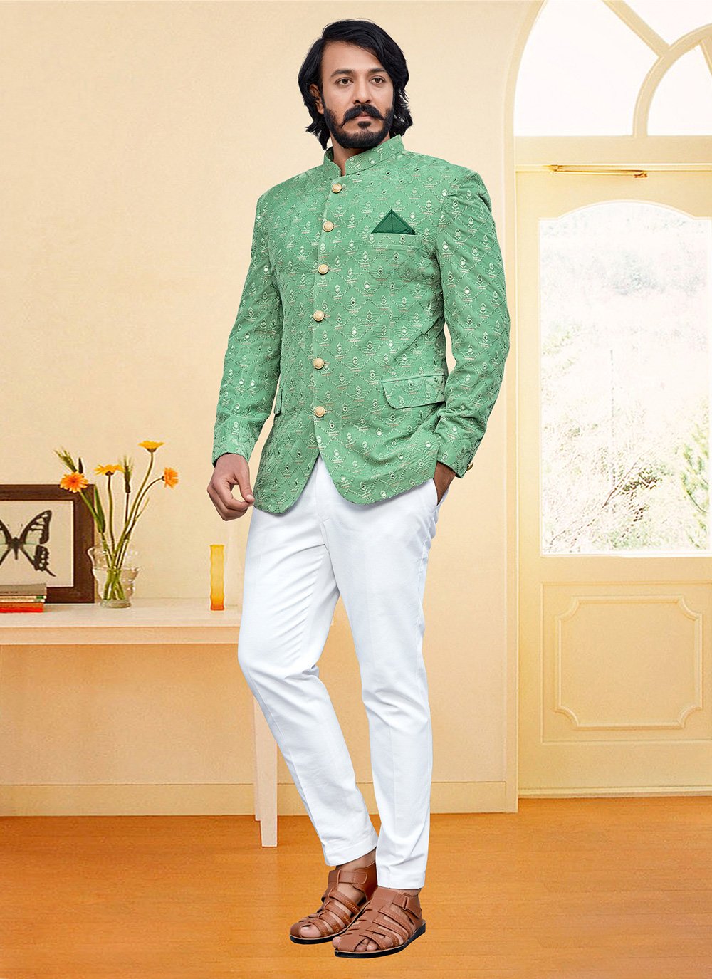 Jodhpuri Suit Velvet Green Embroidered Mens