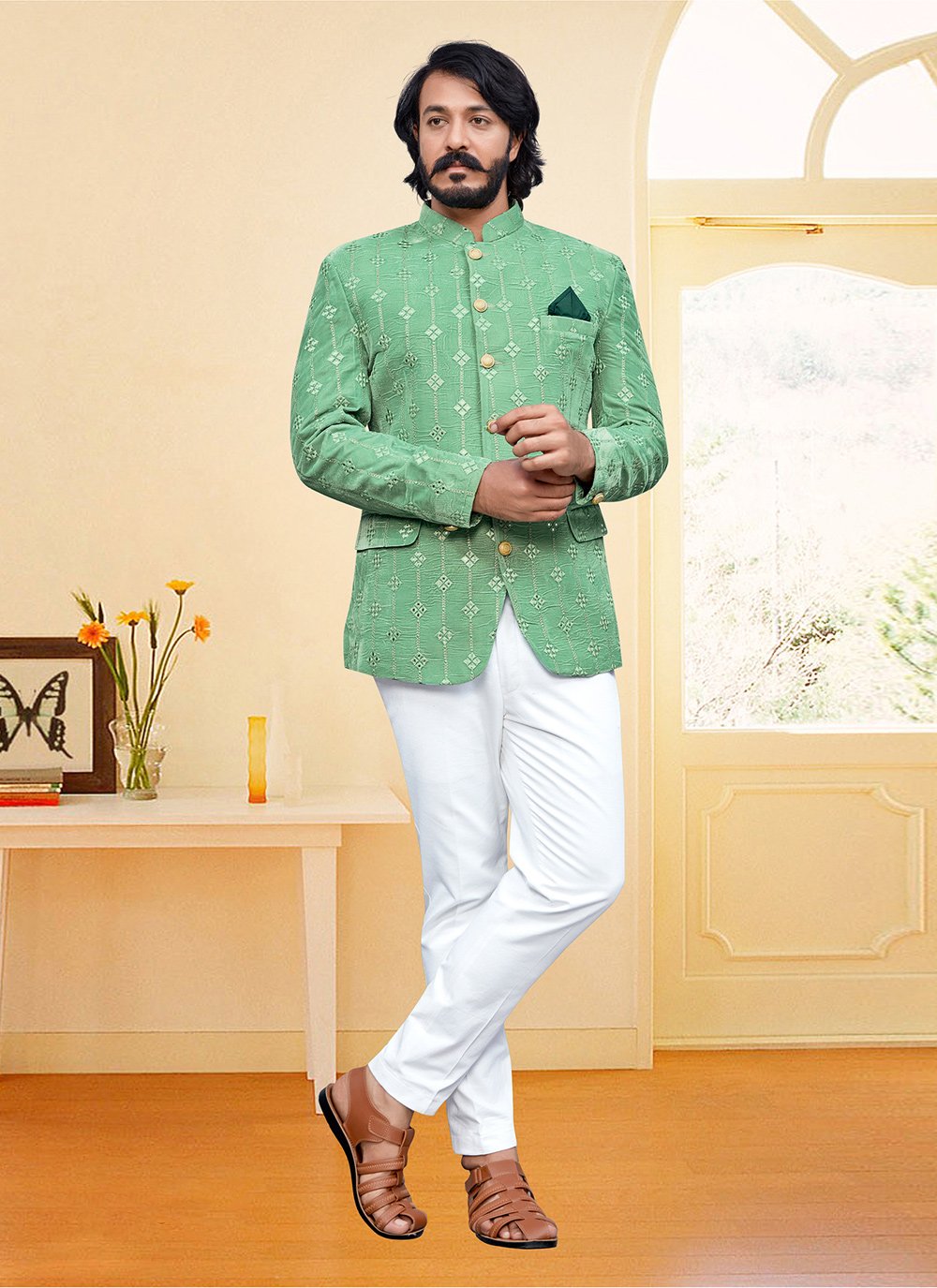 Jodhpuri Suit Velvet Green Embroidered Mens