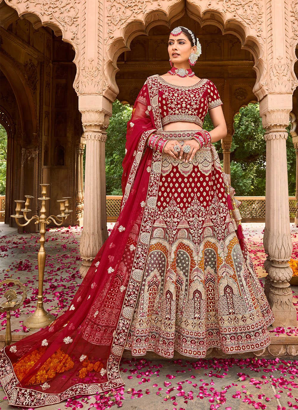 A Line Lehenga Velvet Red Embroidered Lehenga Choli