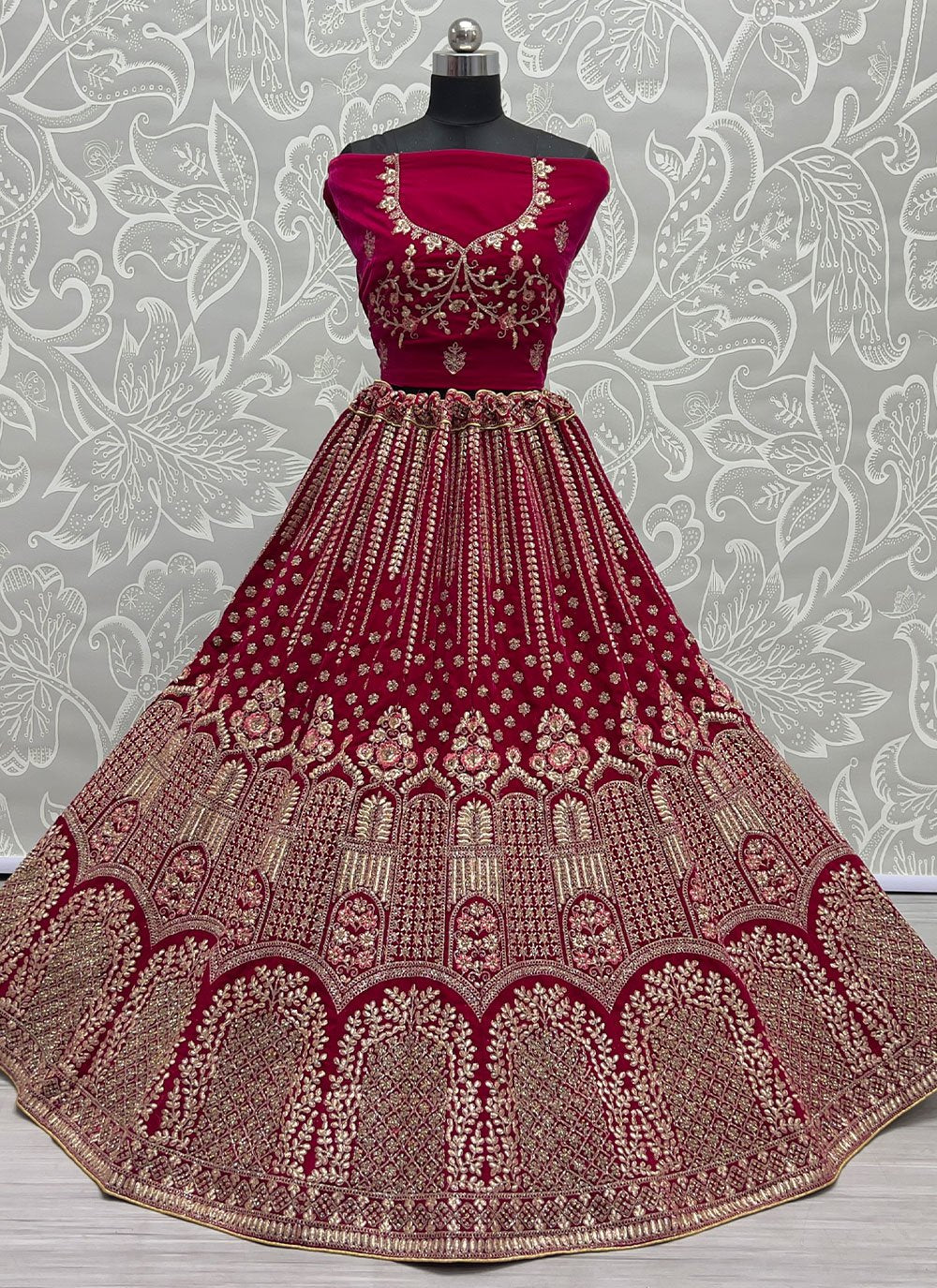 Lehenga Choli Velvet Hot Pink Dori Work Lehenga Choli