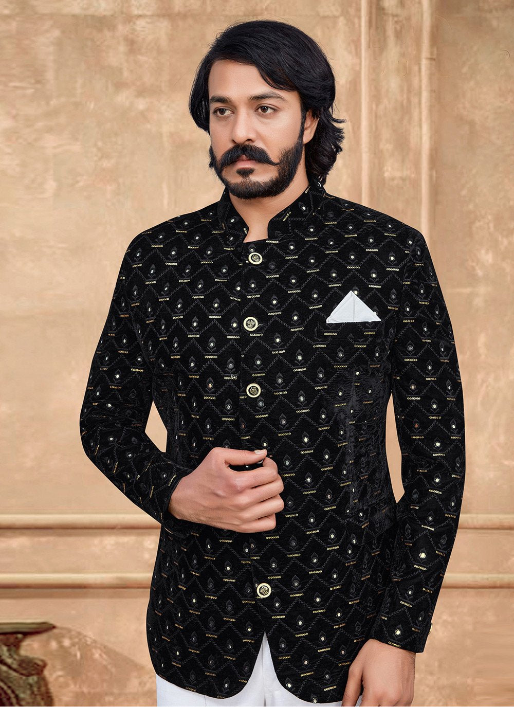 Jodhpuri Suit Velvet Black Embroidered Mens