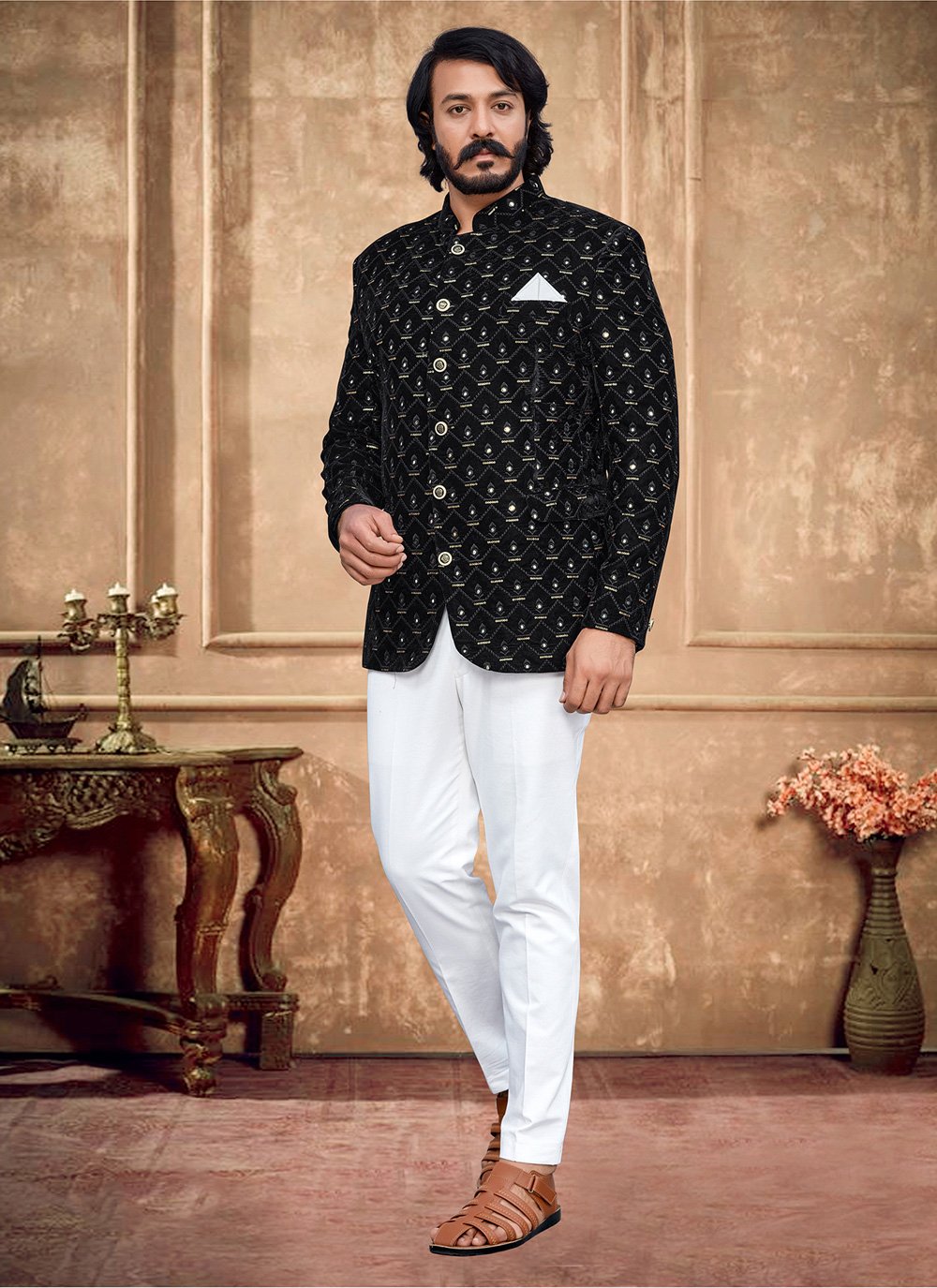 Jodhpuri Suit Velvet Black Embroidered Mens