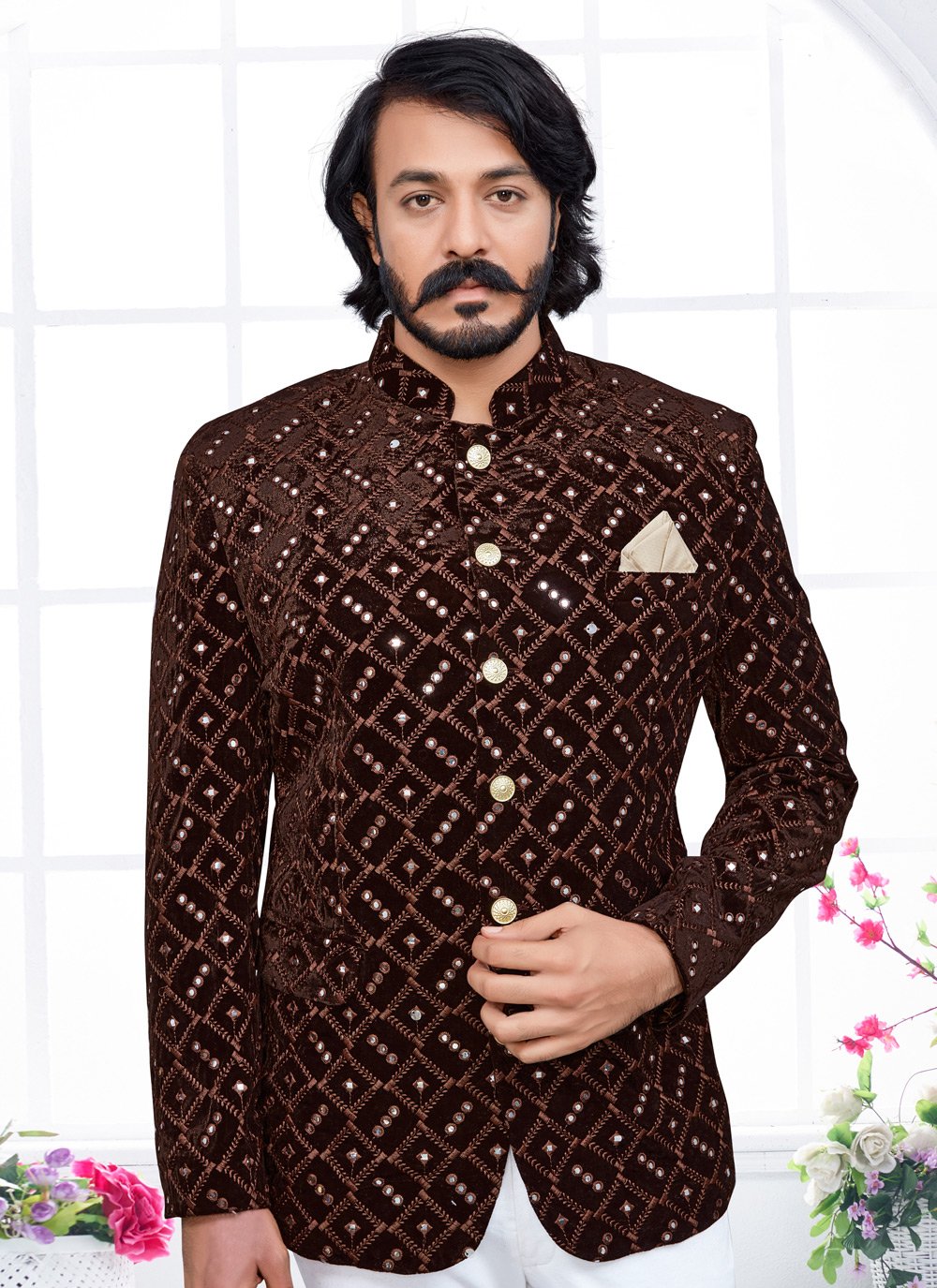 Jodhpuri Suit Velvet Brown Embroidered Mens