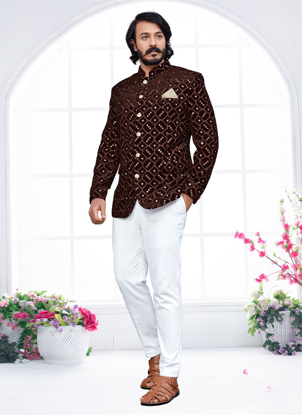 Jodhpuri Suit Velvet Brown Embroidered Mens