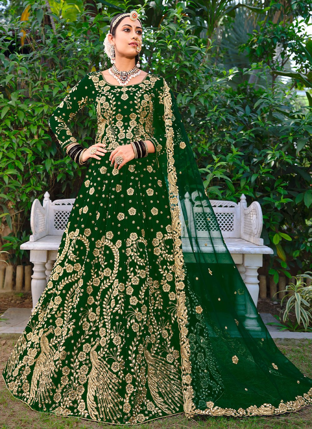 Lehenga Choli Velvet Green Dori Work Lehenga Choli