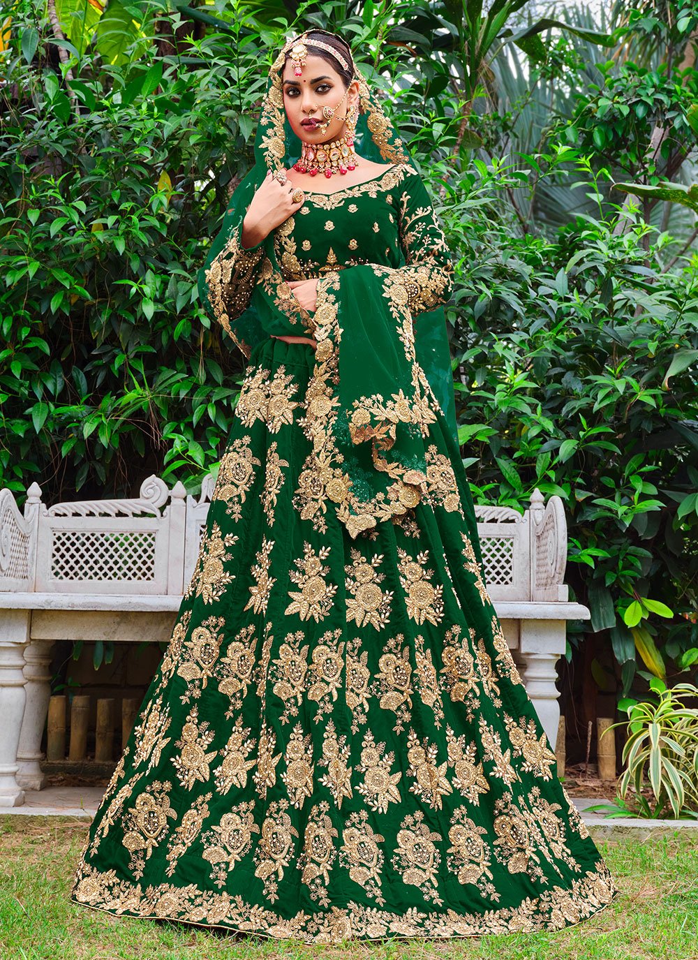 Lehenga Choli Velvet Green Dori Work Lehenga Choli