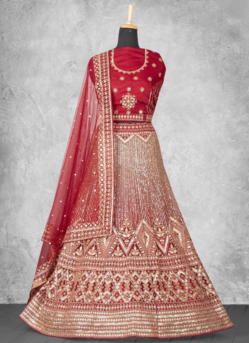 Lehenga Choli Velvet Crimson Embroidered Lehenga Choli